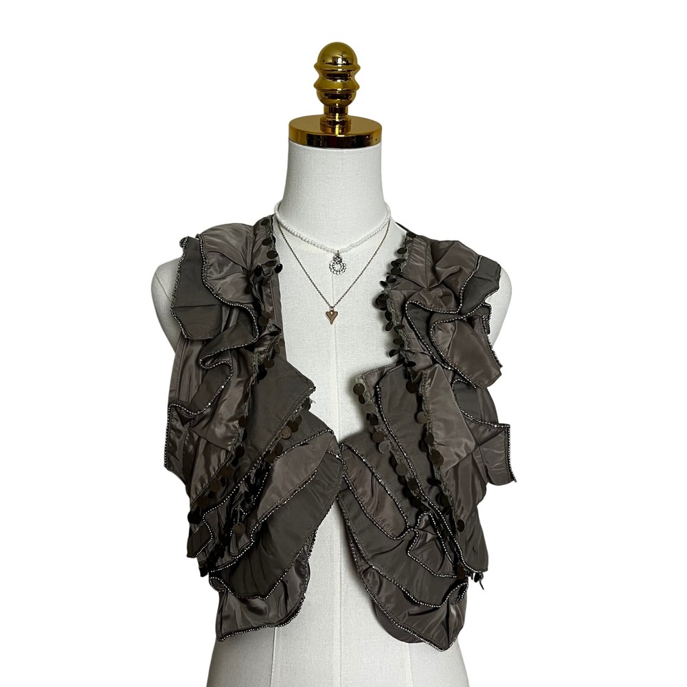 Ryu Ruffled Sequin Vest Taupe Brown Tiered Boho Sleeveless RV7024 Small NWT
